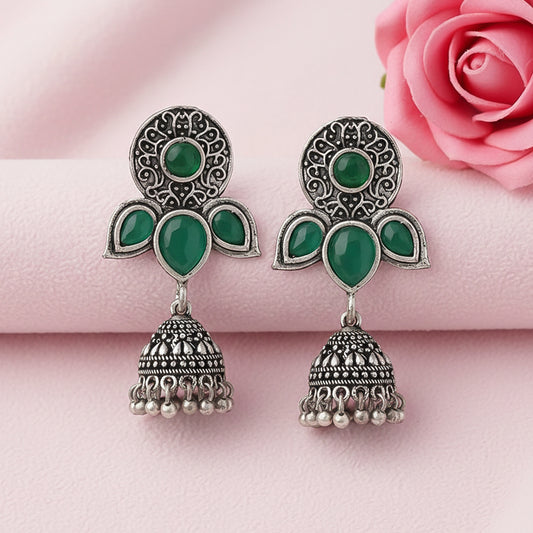 Blush Petals stone studded jhumki earrings (Green)