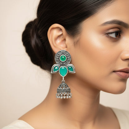 Blush Petals stone studded jhumki earrings (Green)
