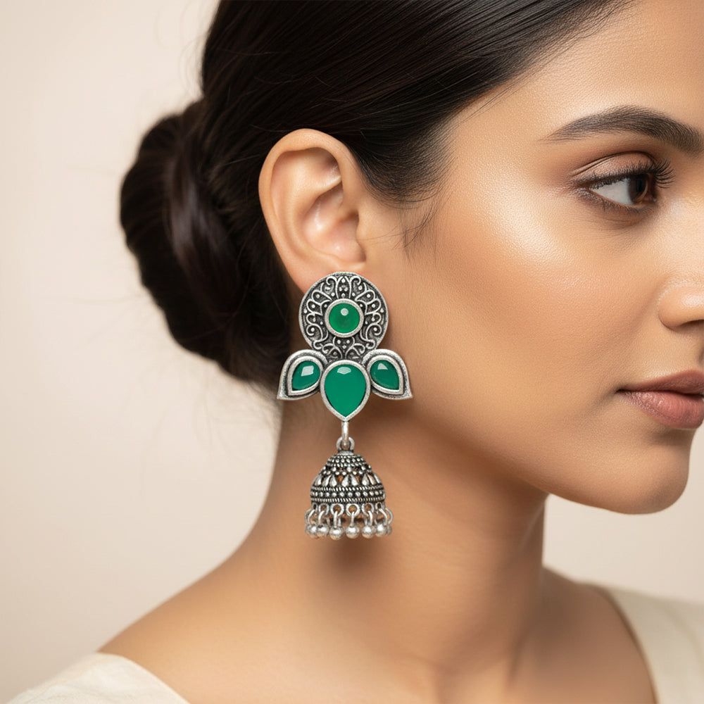 Blush Petals stone studded jhumki earrings (Green)