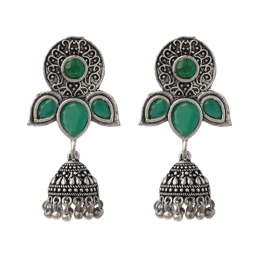 Blush Petals stone studded jhumki earrings (Green)