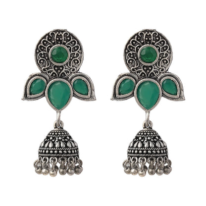 Blush Petals stone studded jhumki earrings (Green)