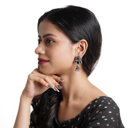 Blush Petals stone studded jhumki earrings (Black)