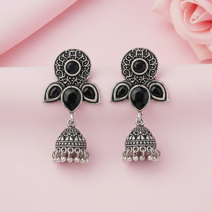 Blush Petals stone studded jhumki earrings (Black)