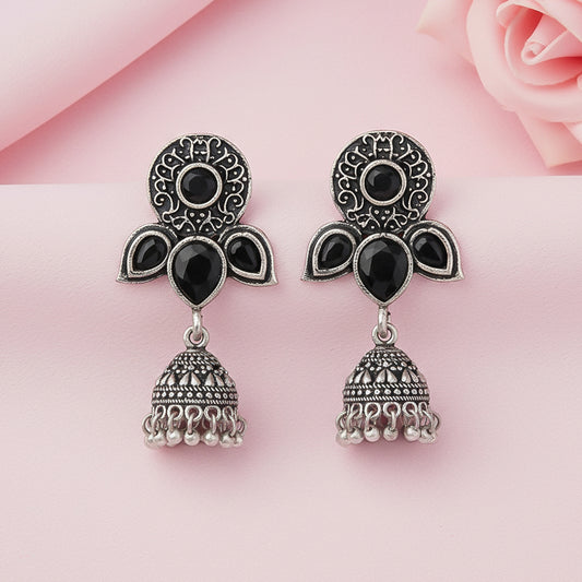 Blush Petals stone studded jhumki earrings (Black)