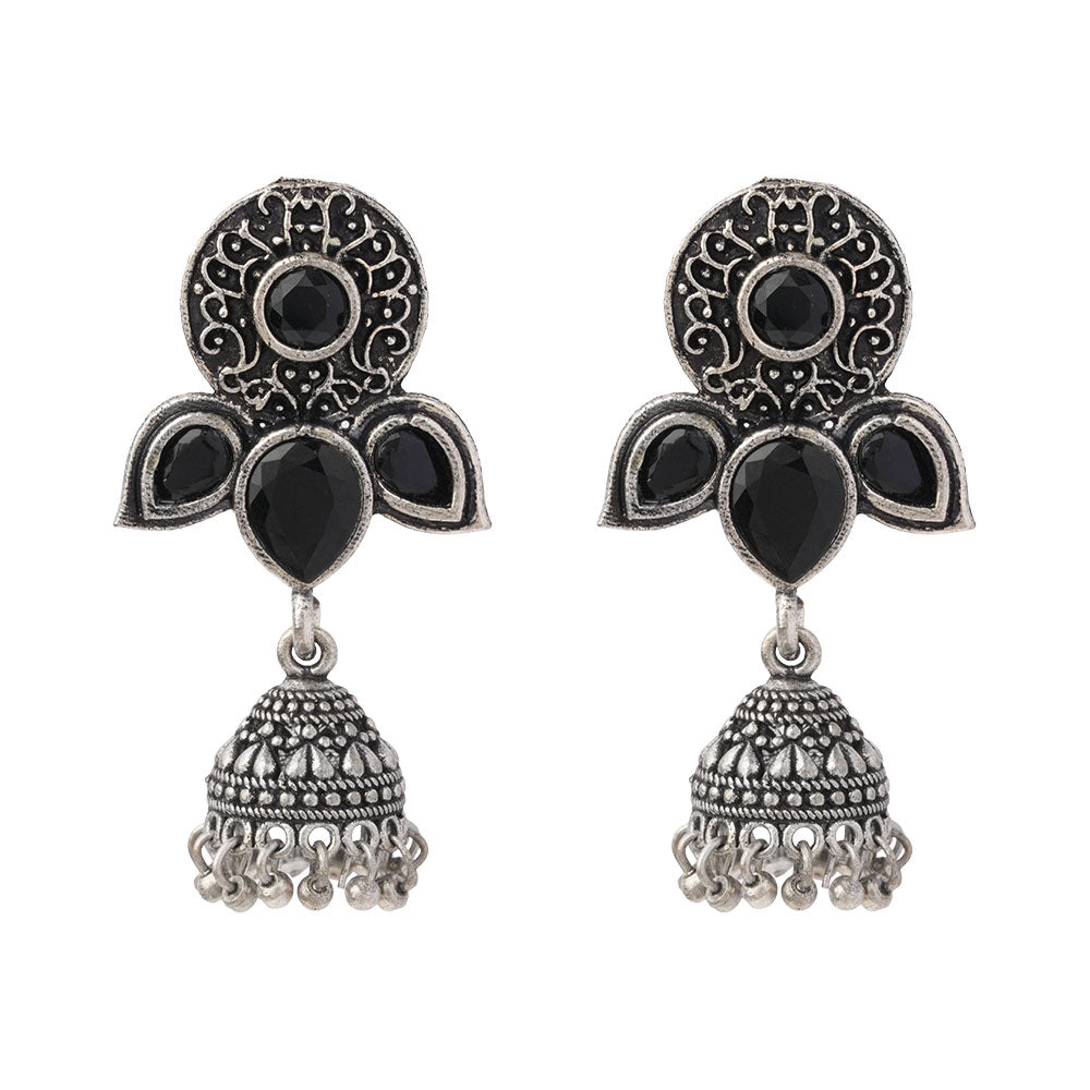 Blush Petals stone studded jhumki earrings (Black)
