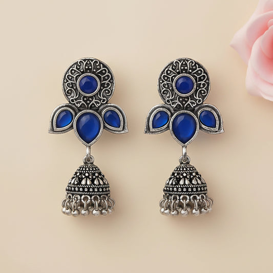 Blush Petals stone studded jhumki earrings (Blue)