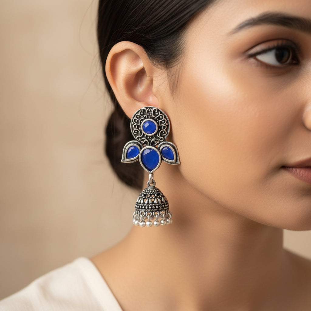 Blush Petals stone studded jhumki earrings (Blue)