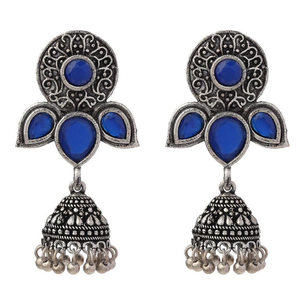 Blush Petals stone studded jhumki earrings (Blue)