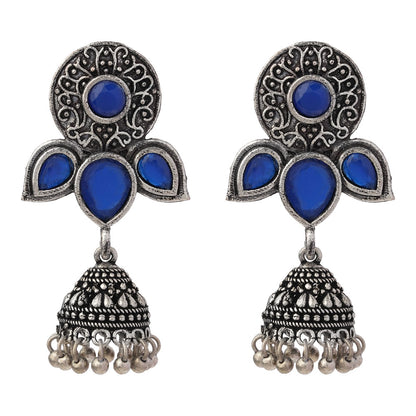 Blush Petals stone studded jhumki earrings (Blue)