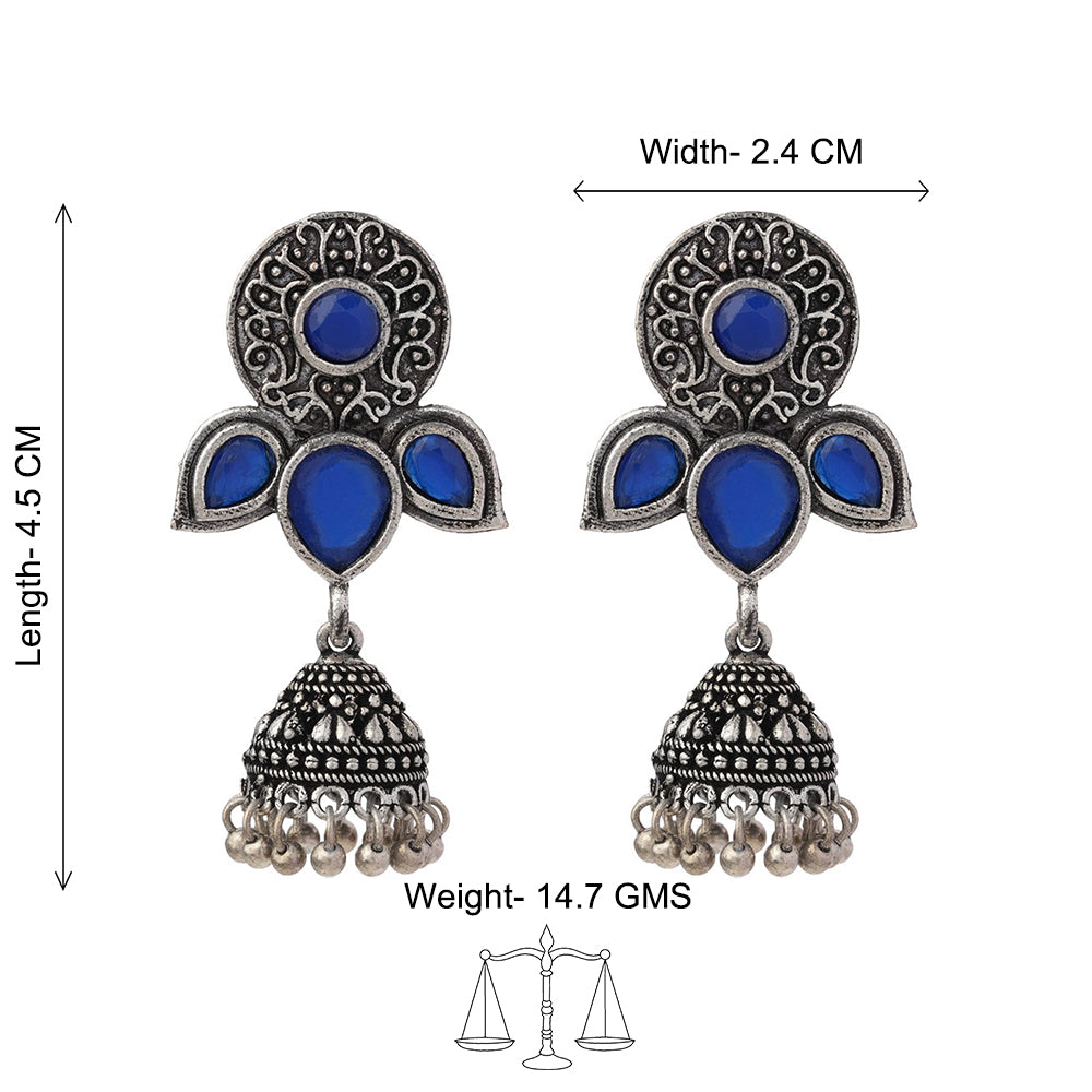 Blush Petals stone studded jhumki earrings (Blue)