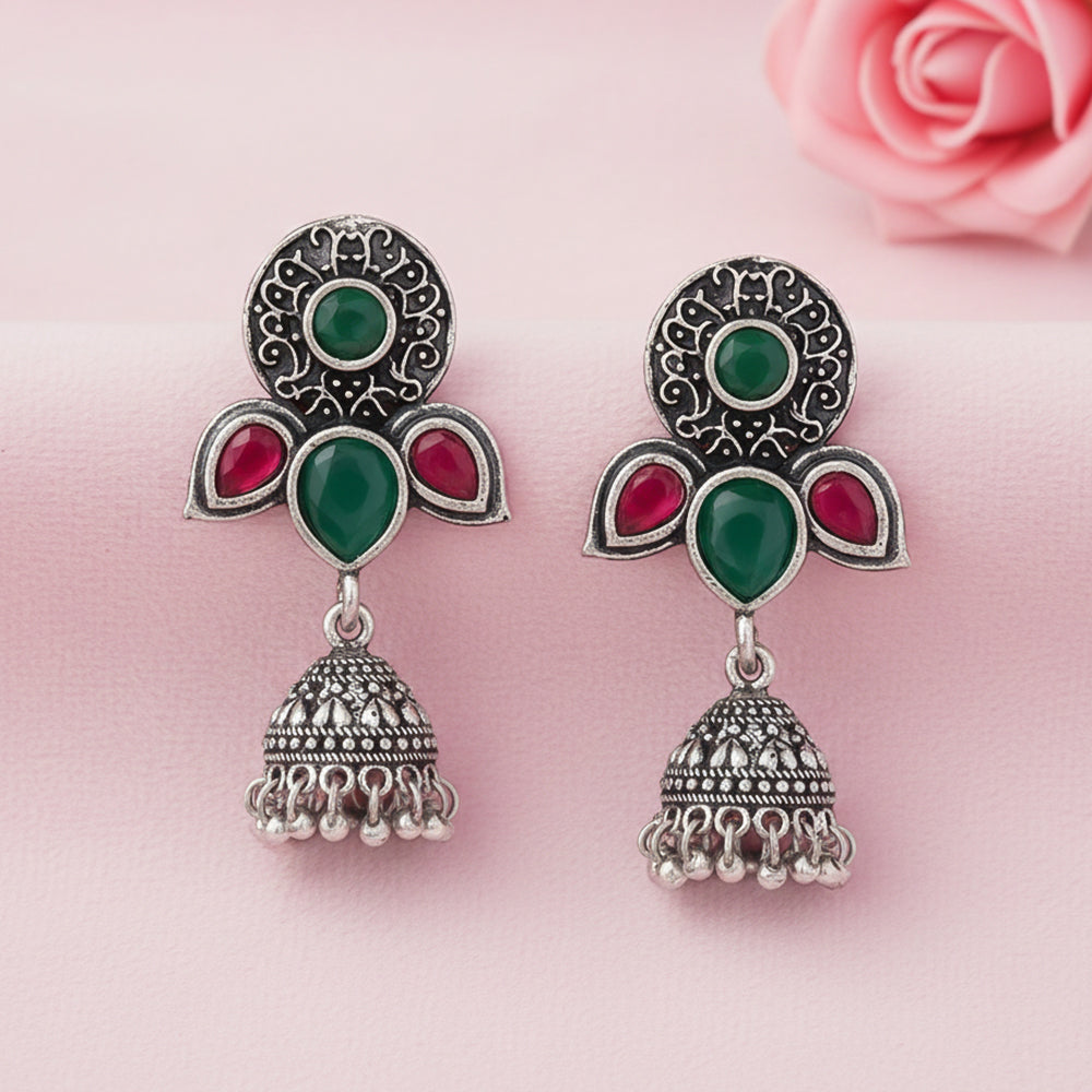 Blush Petals stone studded jhumki earrings (Multicolored)