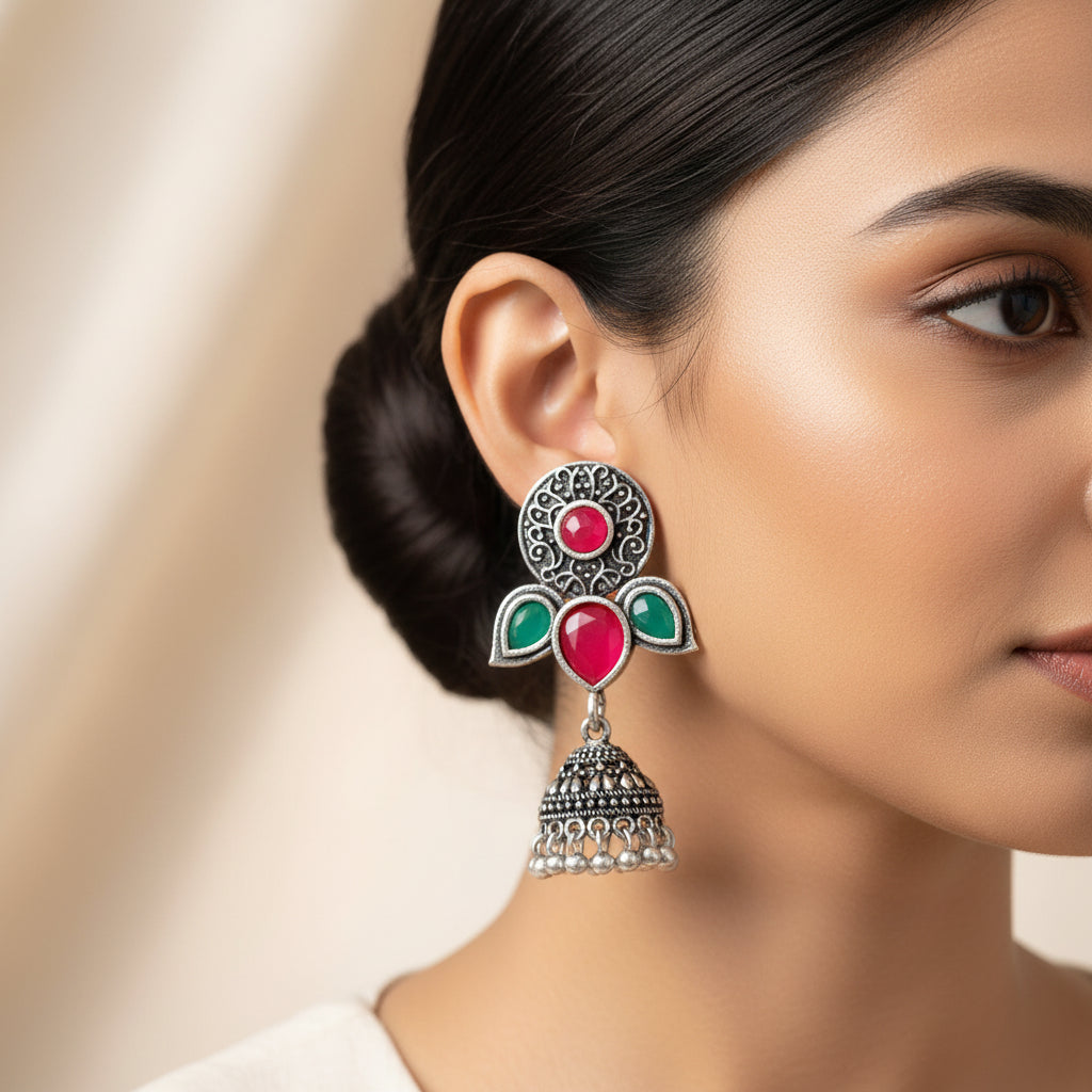 Blush Petals stone studded jhumki earrings (Multicolored)