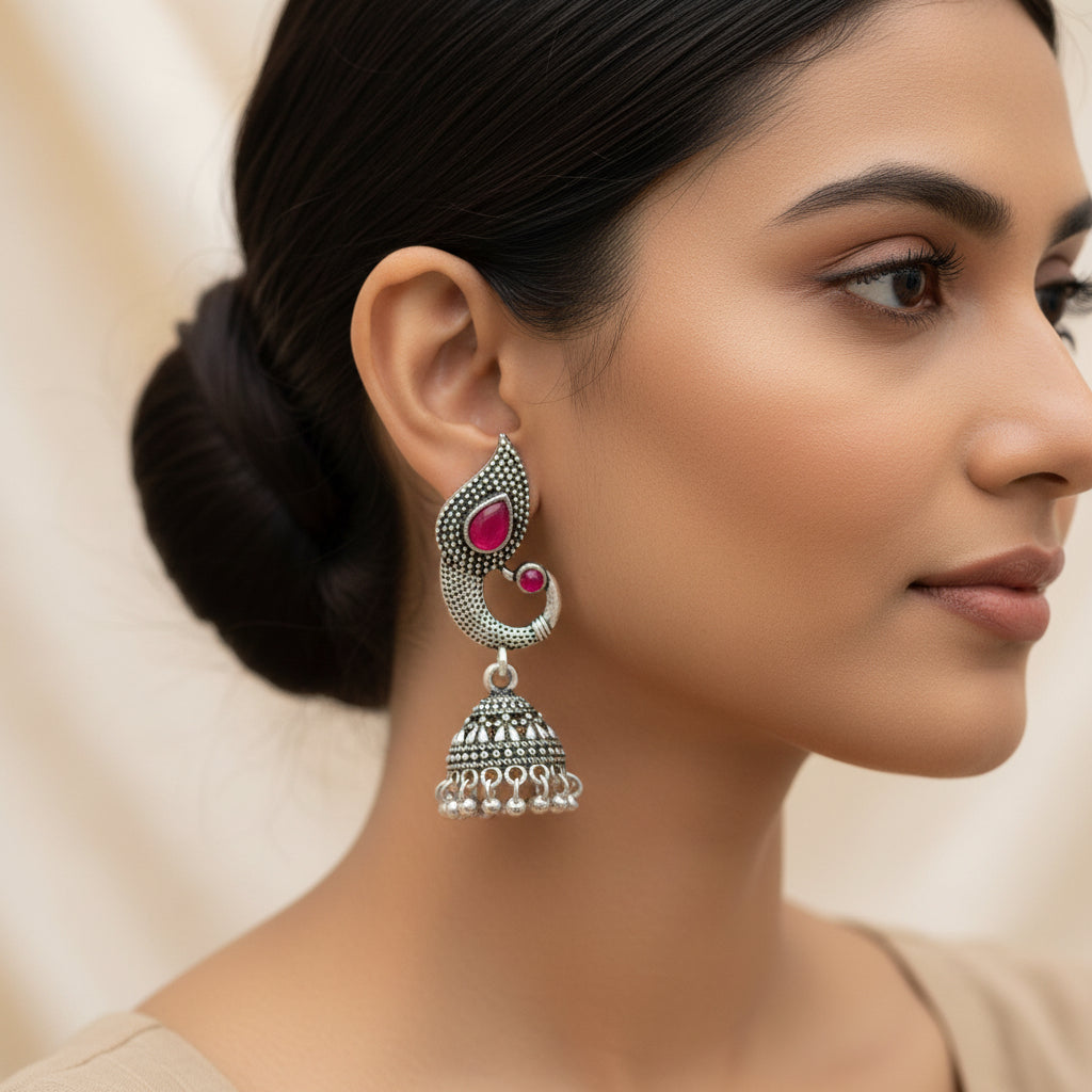 Paisley Swirl Ghungroo jhumki earring (Red)