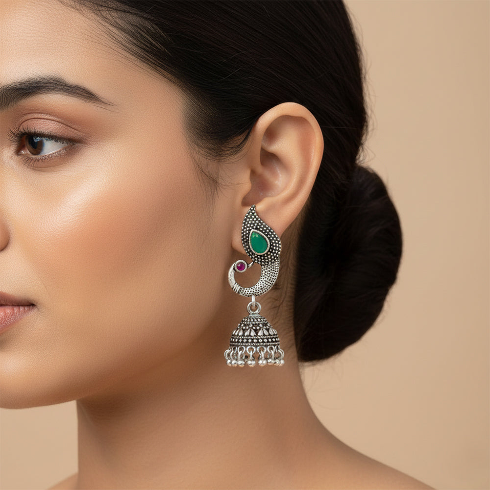 Paisley Swirl Ghungroo jhumki earring (Green)