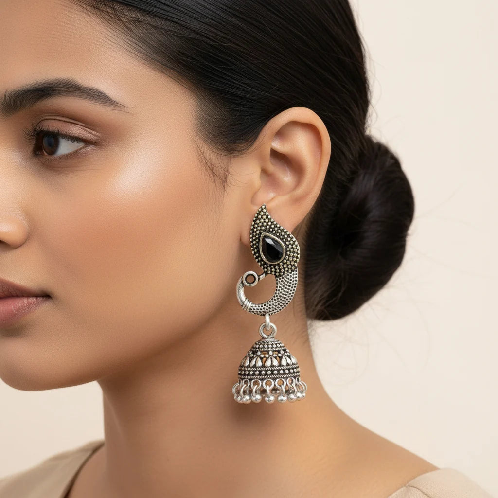 Peacock glow stone studded dangler & Paisley Swirl Ghungroo jhumki Combo set
