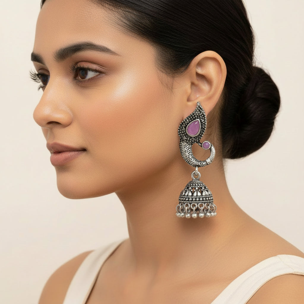 Paisley Swirl Ghungroo jhumki earring (Baby Pink)