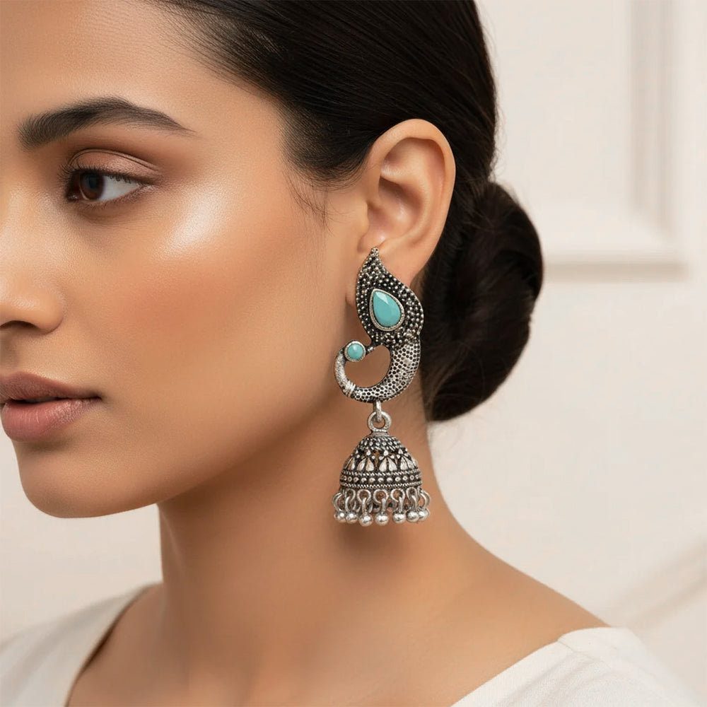 Peacock glow stone studded dangler & Paisley Swirl Ghungroo jhumki Combo set