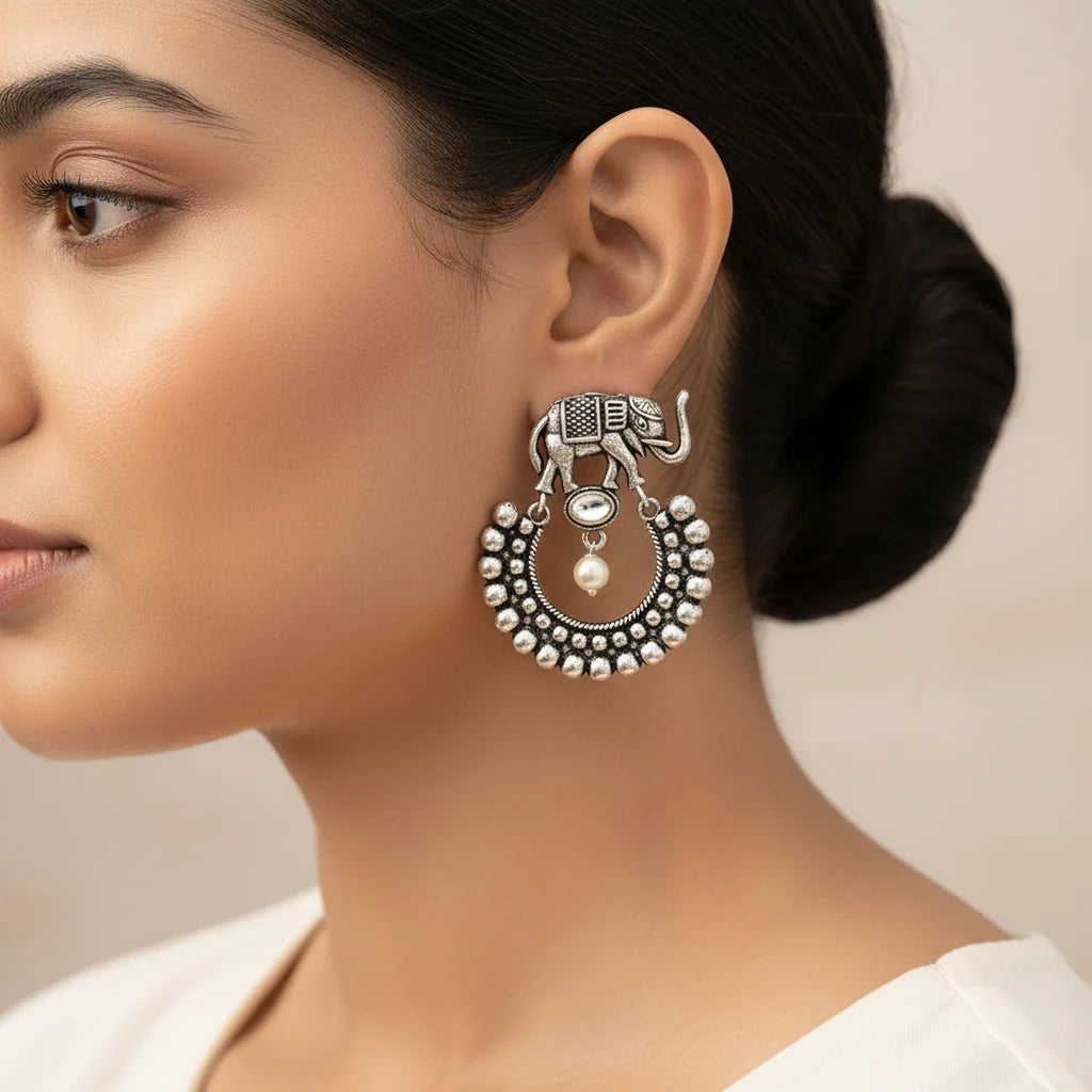 Kalash Kamal earring  Elephant Arc dangler earrings (White) Combo set