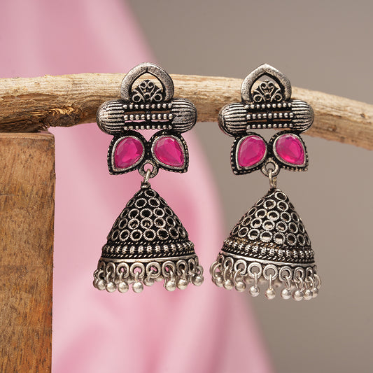 Stunning stone studded jhumki earrings (Red)