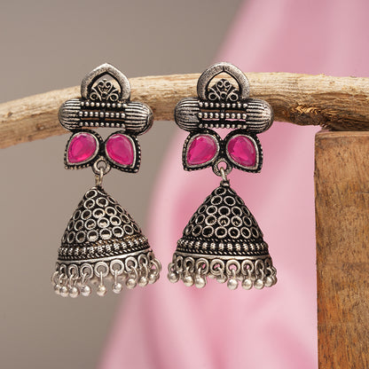 Stunning stone studded jhumki earrings (Red)
