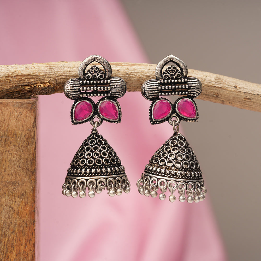 Stunning stone studded jhumki earrings (Red)