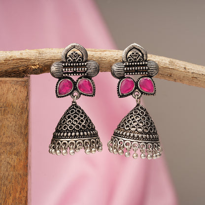 Stunning stone studded jhumki earrings (Red)