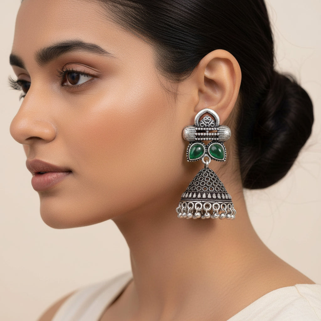 Stunning stone studded jhumki earrings (Green)
