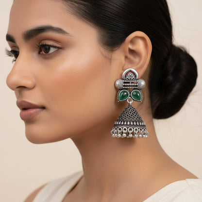 Stunning stone studded jhumki earrings (Green)