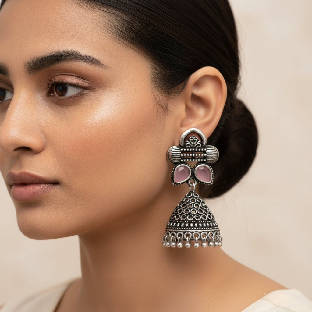 Stunning stone studded jhumki earrings (Baby Pink)