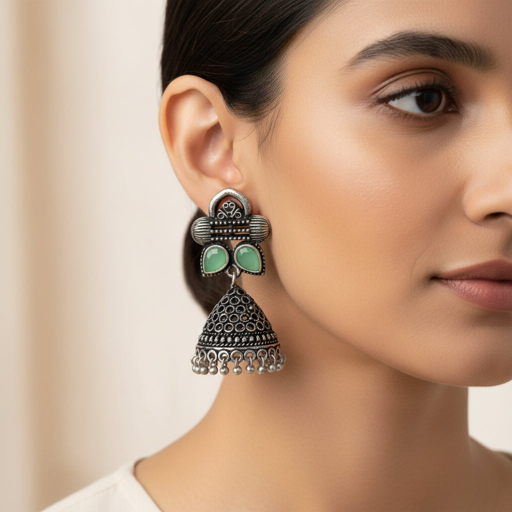 Stunning stone studded jhumki earrings (Pista)
