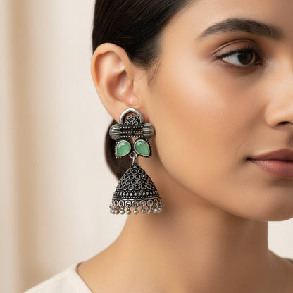Stunning stone studded jhumki earrings (Pista)