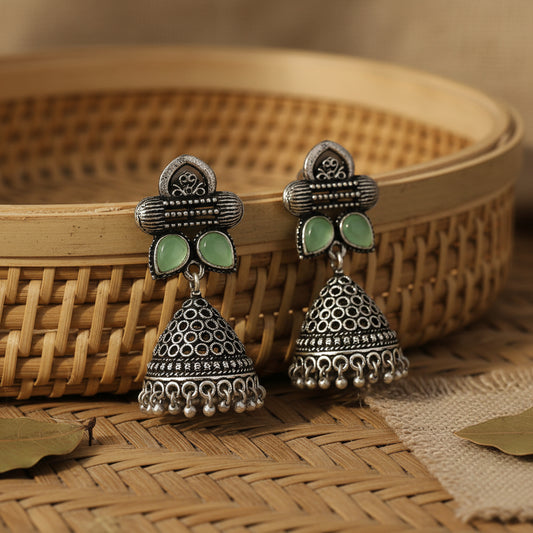 Stunning stone studded jhumki earrings (Pista)