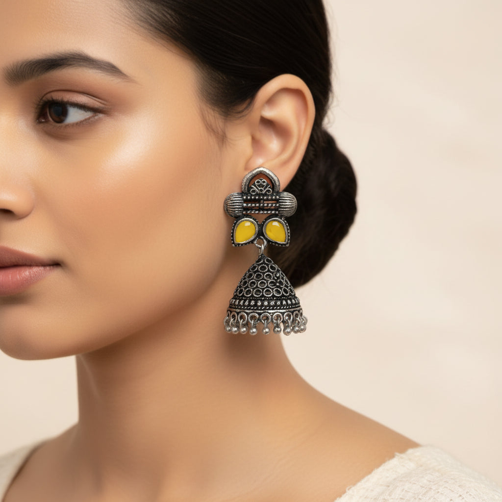 Stunning stone studded jhumki earrings (Yellow)