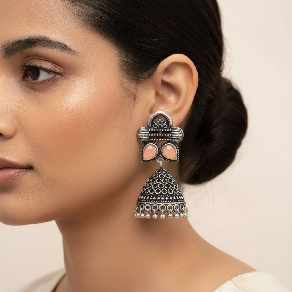 Stunning stone studded jhumki earrings (Light Orange)