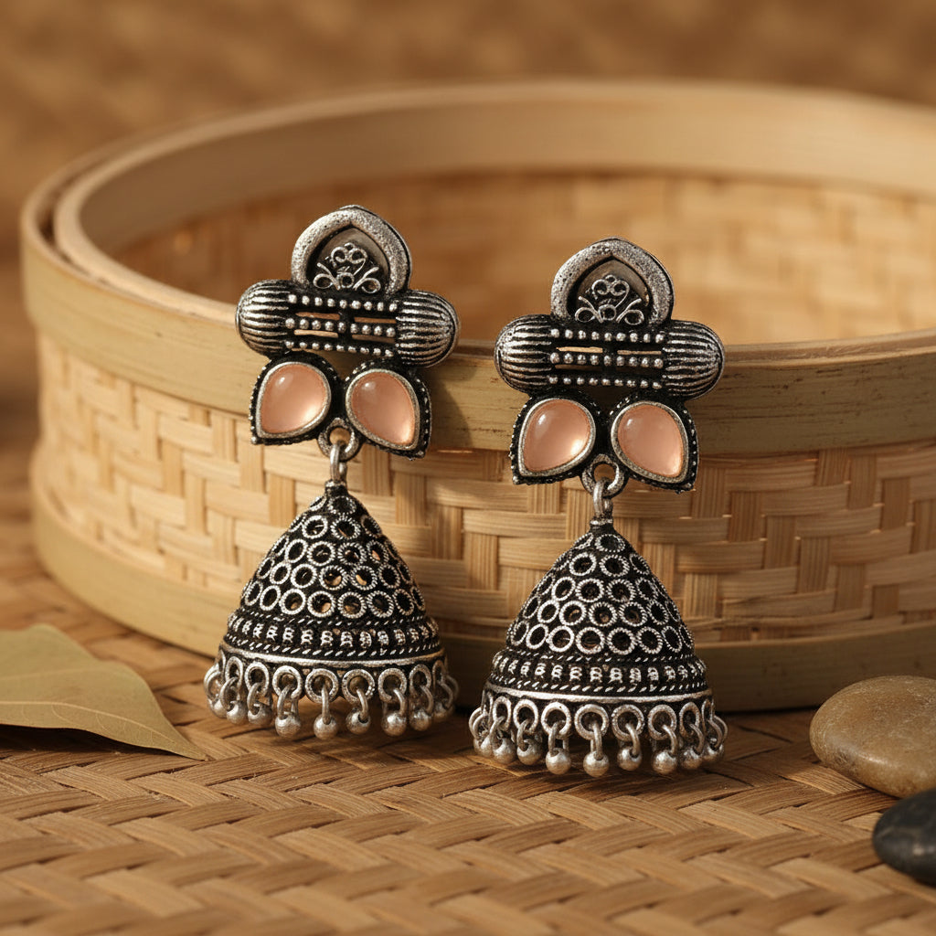 Stunning stone studded jhumki earrings (Light Orange)