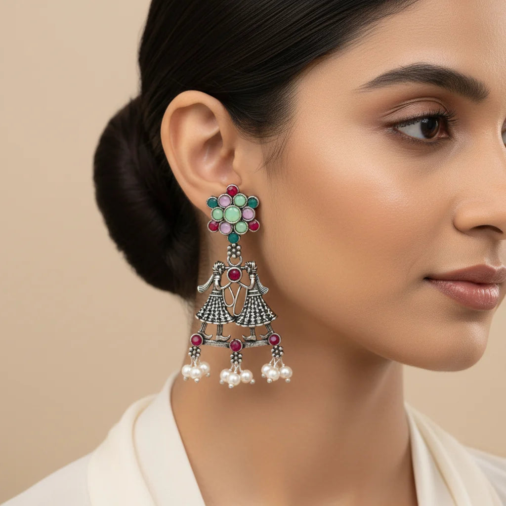 Peacock glow stone studded dangler & Bride-Groom Floral dangler Combo set