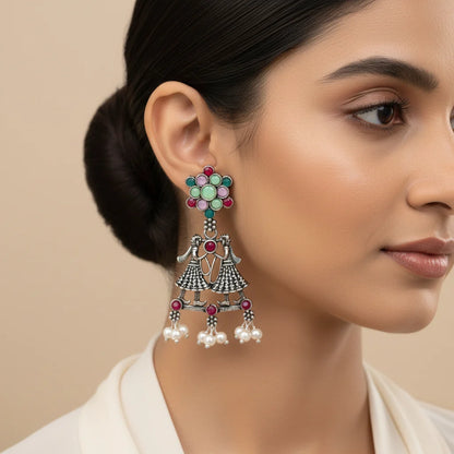 Peacock glow stone studded dangler & Bride-Groom Floral dangler Combo set