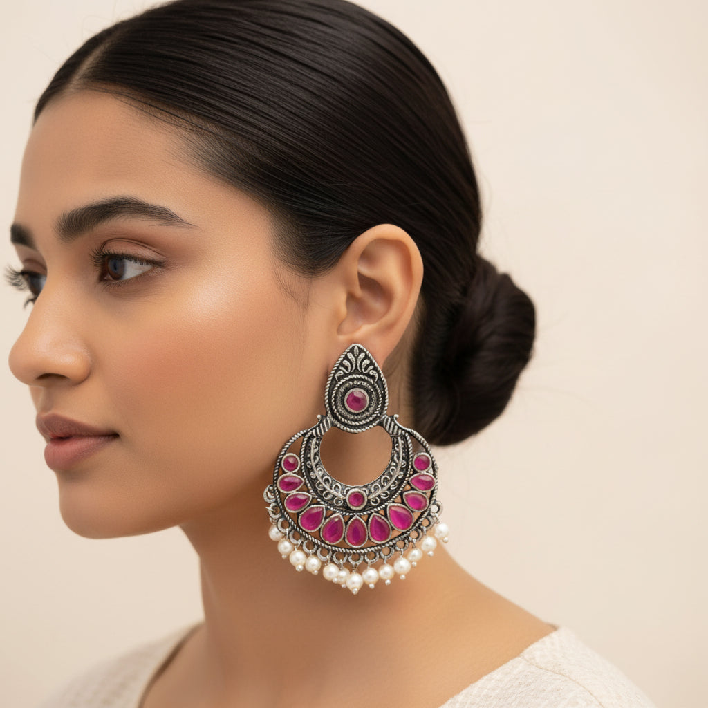 Charming Chaandbali pearl stud earrings (Red)