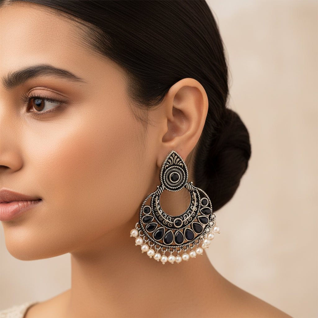 Charming Chaandbali pearl stud earrings (Black)