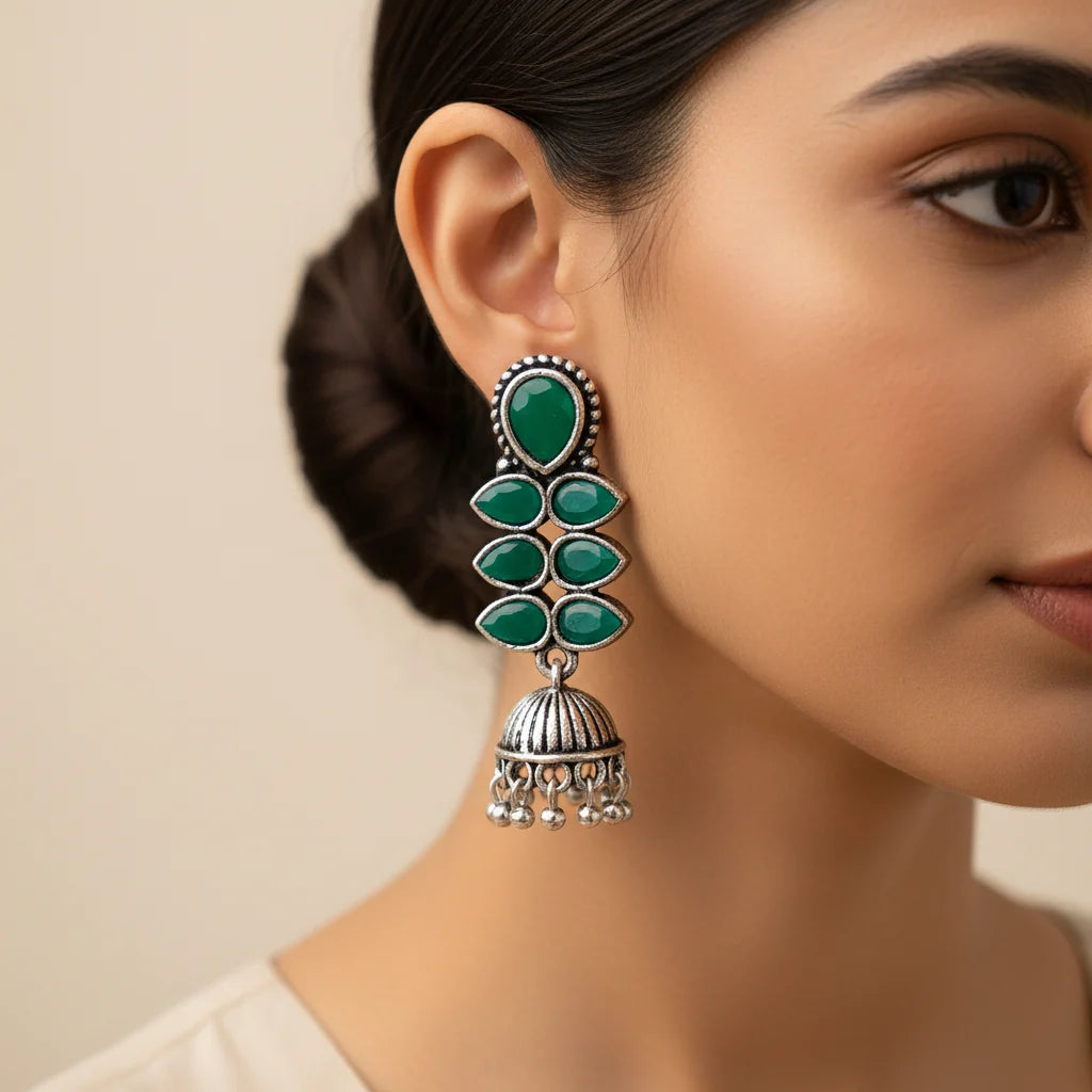 Peacock glow stone studded dangler earrings (Green) Dazzle Dash Jhumki earring (Green) Combo set