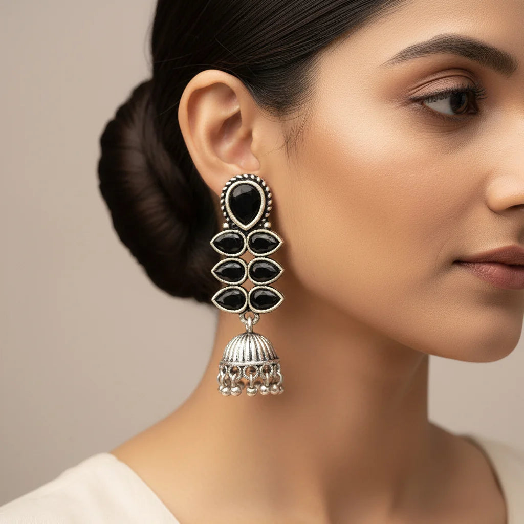Charmbell earrings (Green) Dazzle Dash Jhumki earring (Black) Combo set