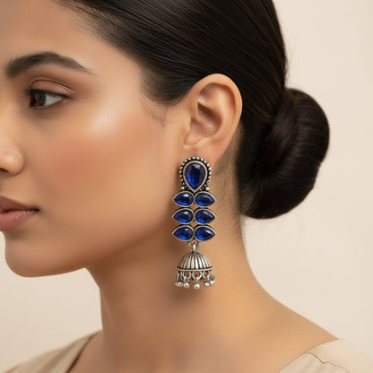 Dazzle Dash Jhumki earring (Blue) Royal Triple Bell Layered Jhumka Earring (White) Combo set
