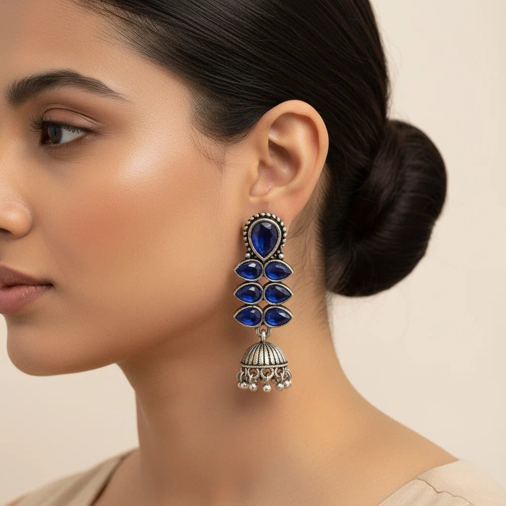 Royal Triple Bell Layered Jhumka Earring (Black) Dazzle Dash Jhumki earring (Blue) Combo set