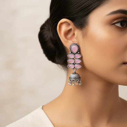 Charmbell earrings (Blue) Dazzle Dash Jhumki earring (Baby Pink) Combo set