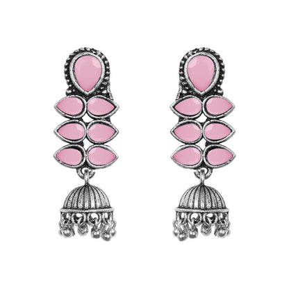 Peacock glow stone studded dangler earrings (Blue) Dazzle Dash Jhumki earring (Baby Pink) Combo set
