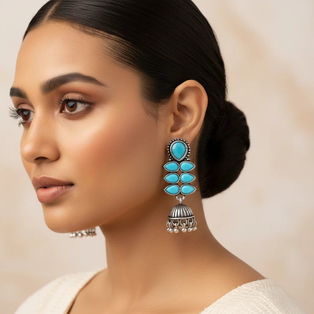 Peacock glow stone studded dangler earrings (Red) Dazzle Dash Jhumki earring (Sky Blue) Combo set