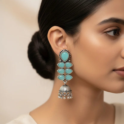 Peacock glow stone studded dangler earrings (Black) Dazzle Dash Jhumki earring (Mint) Combo set