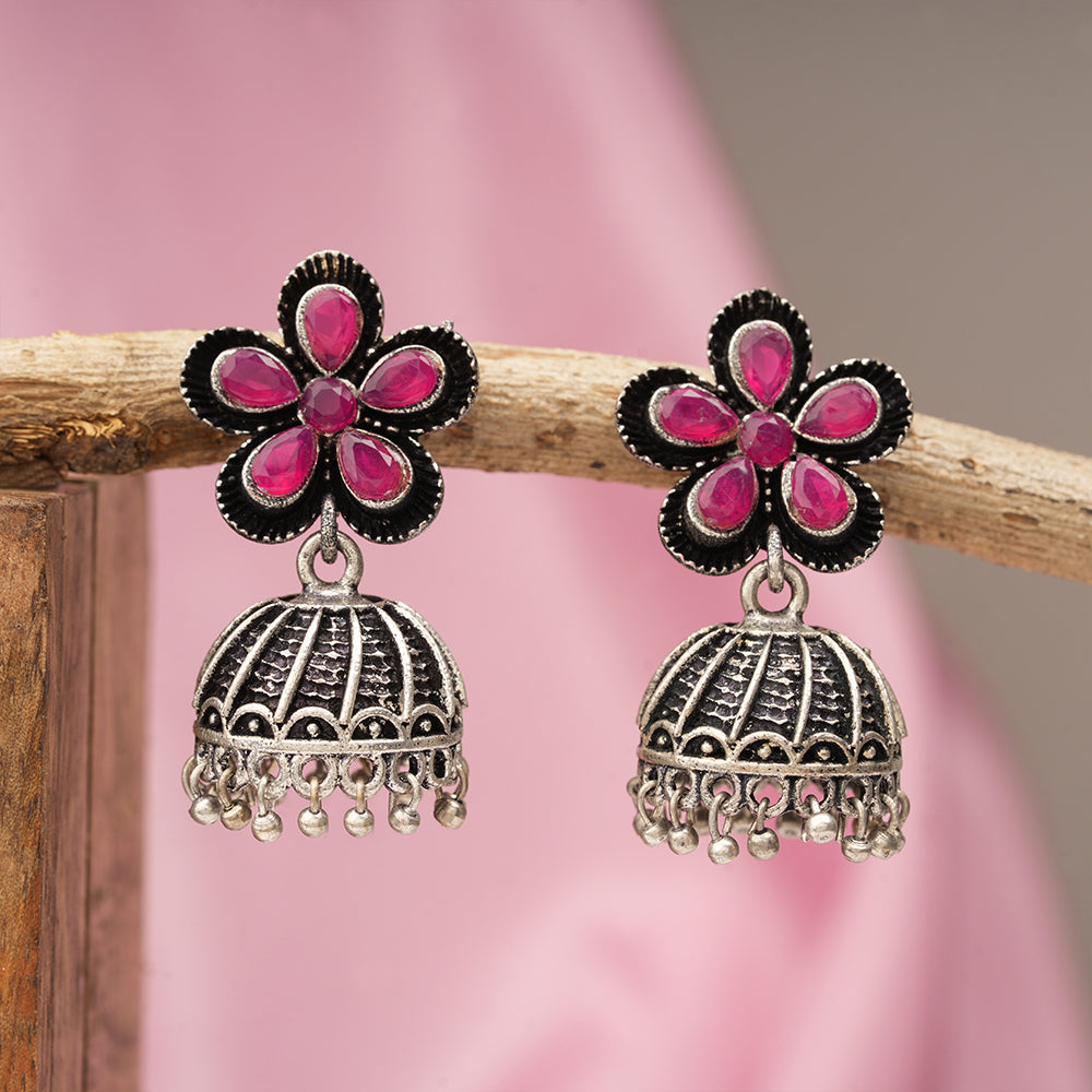 Periwinkle stone studded jhumki earrings (Red)