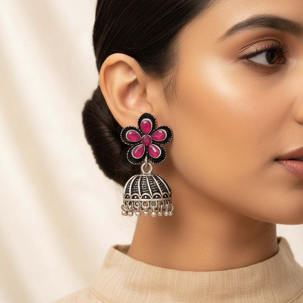 Periwinkle stone studded jhumki earrings (Red)