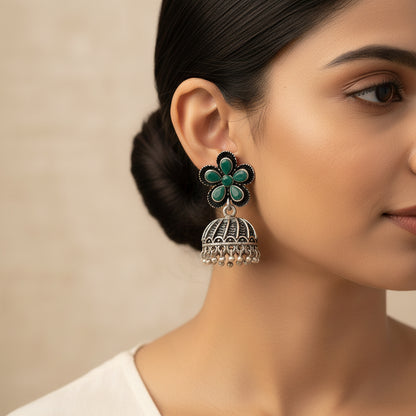 Periwinkle stone studded jhumki earrings (Green)